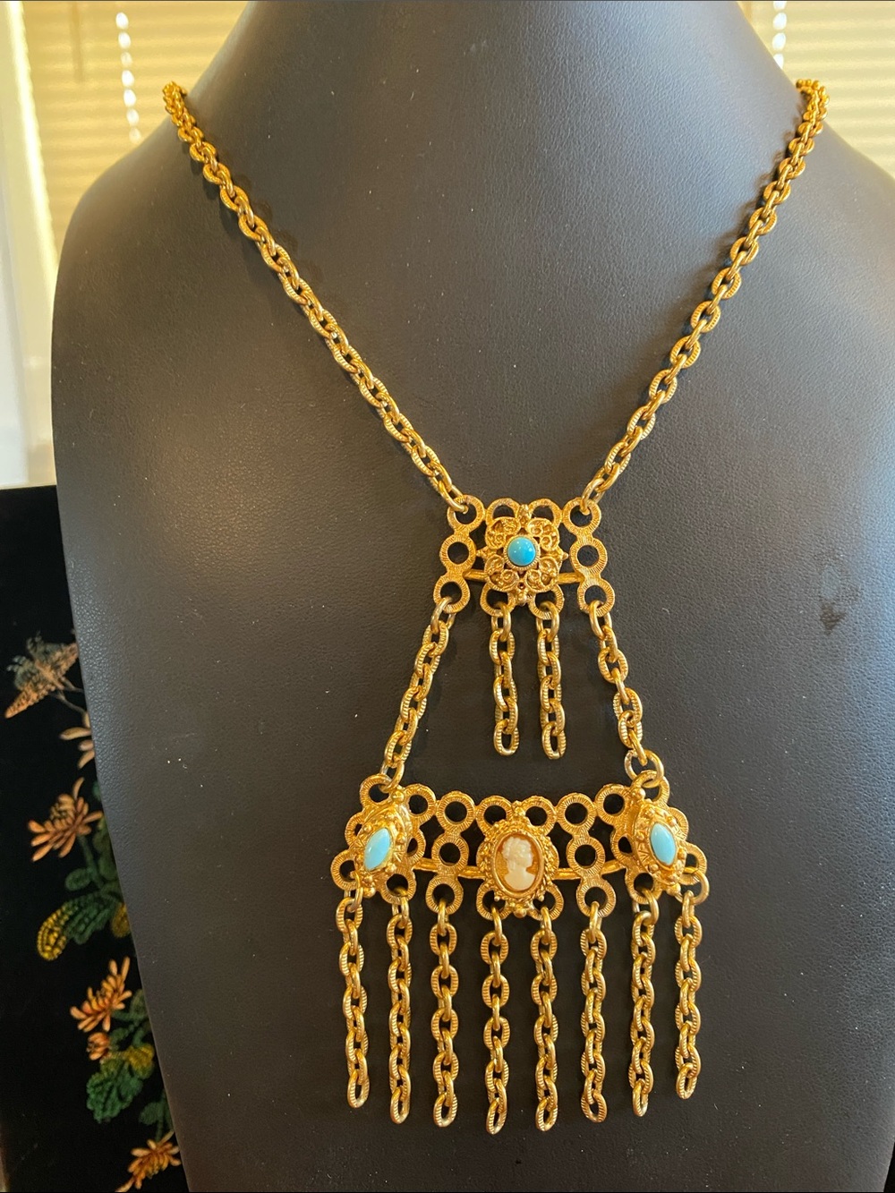 FlorenzA Gold-Tone Filigree Tassel Necklace with Turquoise Accents